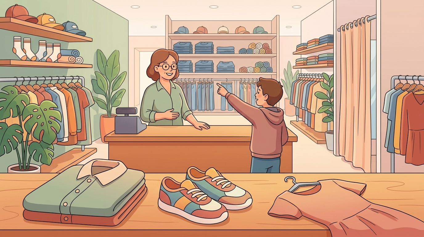 Un magasin de vêtements : une chemise, des baskets et une robe sur le comptoir, des casquettes et des jeans au fond